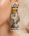 Amber Stone & Pearl-Bordered Jhumka Earrings