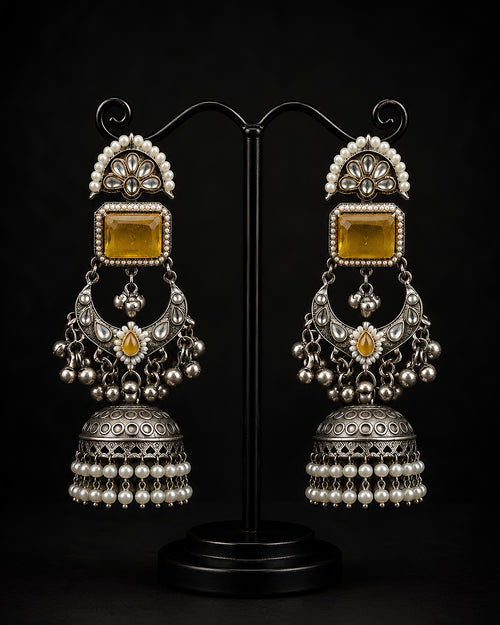 Amber Stone & Pearl-Bordered Jhumka Earrings
