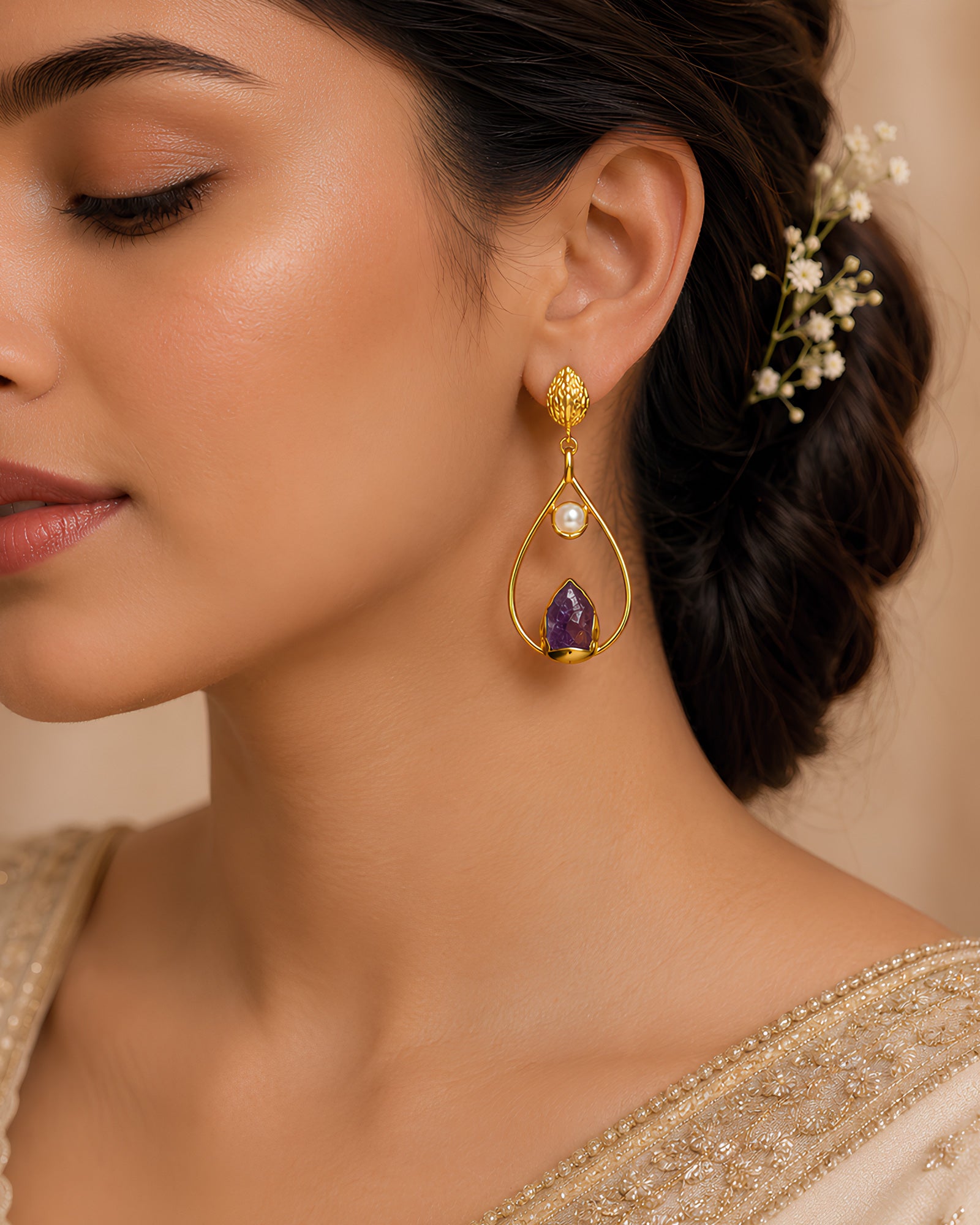 Amethyst & Pearl Teardrop Earrings