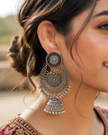 Antique Coin Motif Chandbali-Style Oxidized Jhumkas