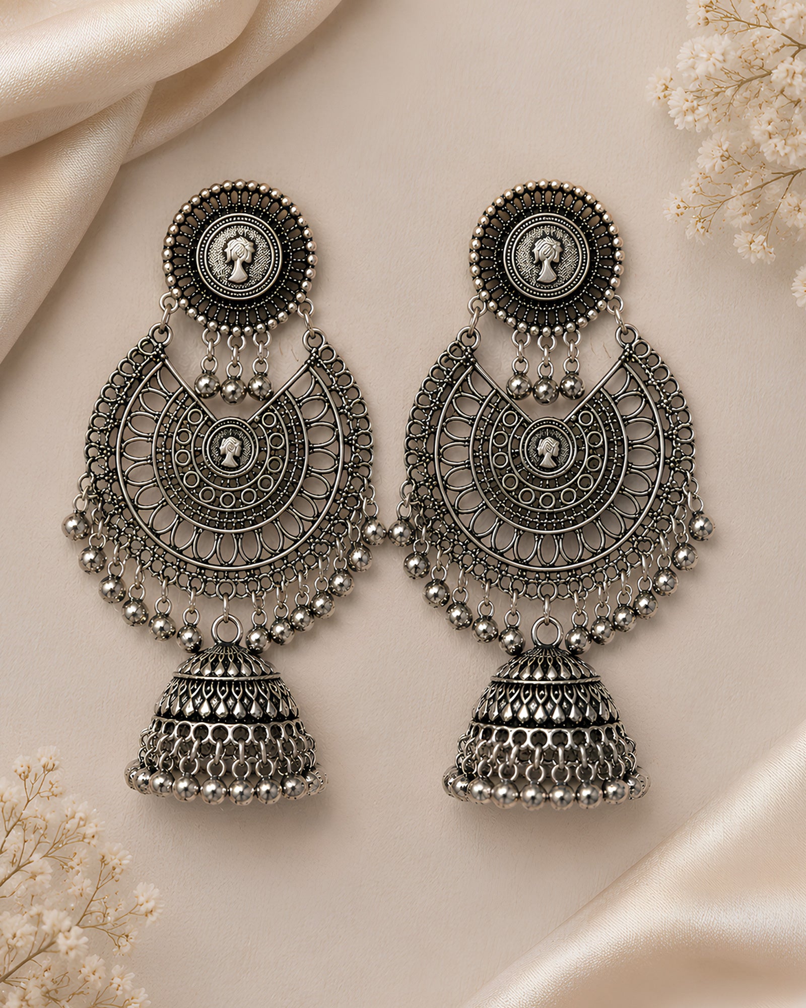 Antique Coin Motif Chandbali-Style Oxidized Jhumkas