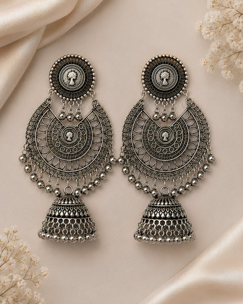 Antique Coin Motif Chandbali-Style Oxidized Jhumkas