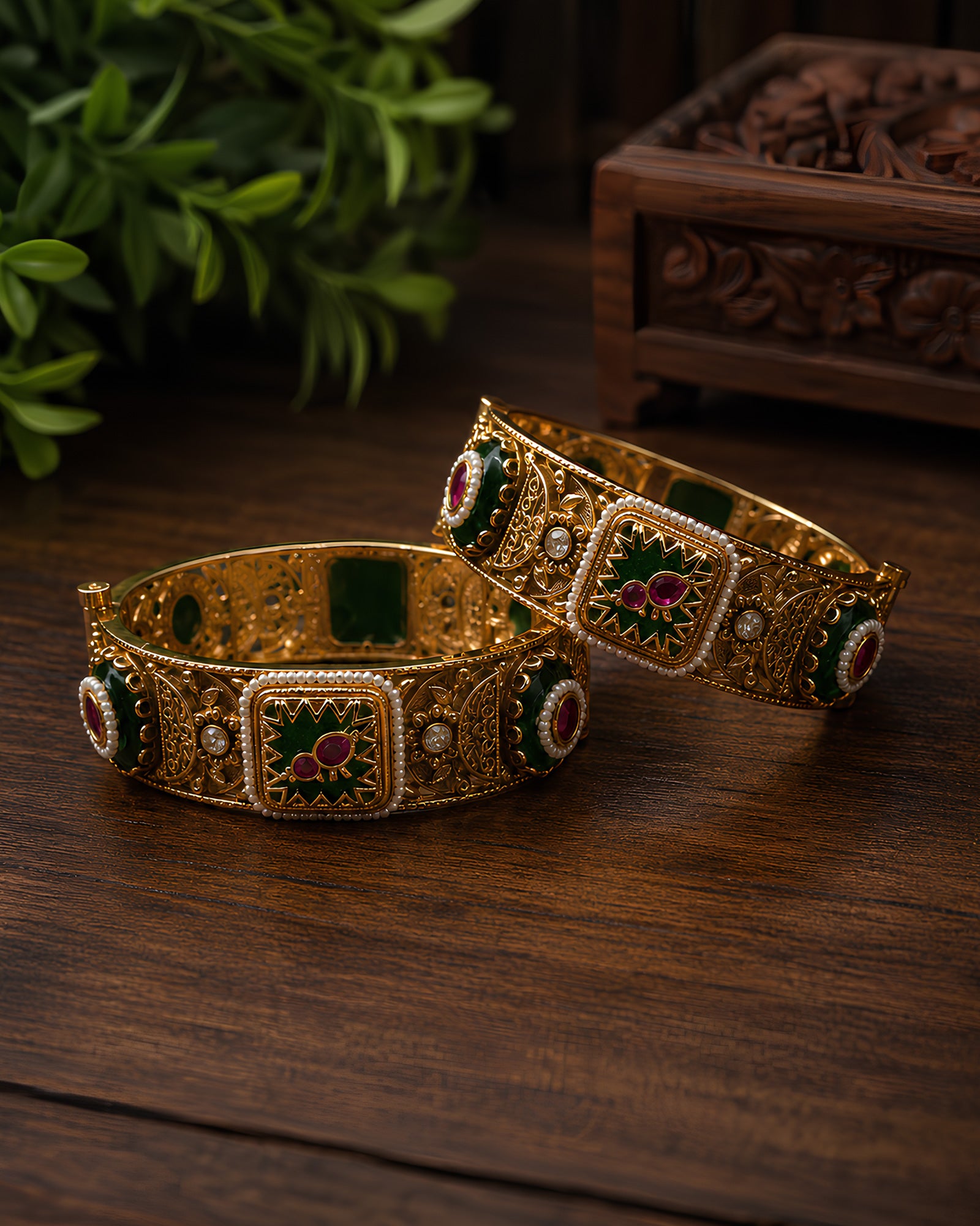 Antique Floral Enamel & Pearl Bangles