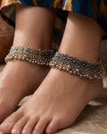 Antique Floral Garland & Drooping Ghungroo Oxidized Anklets