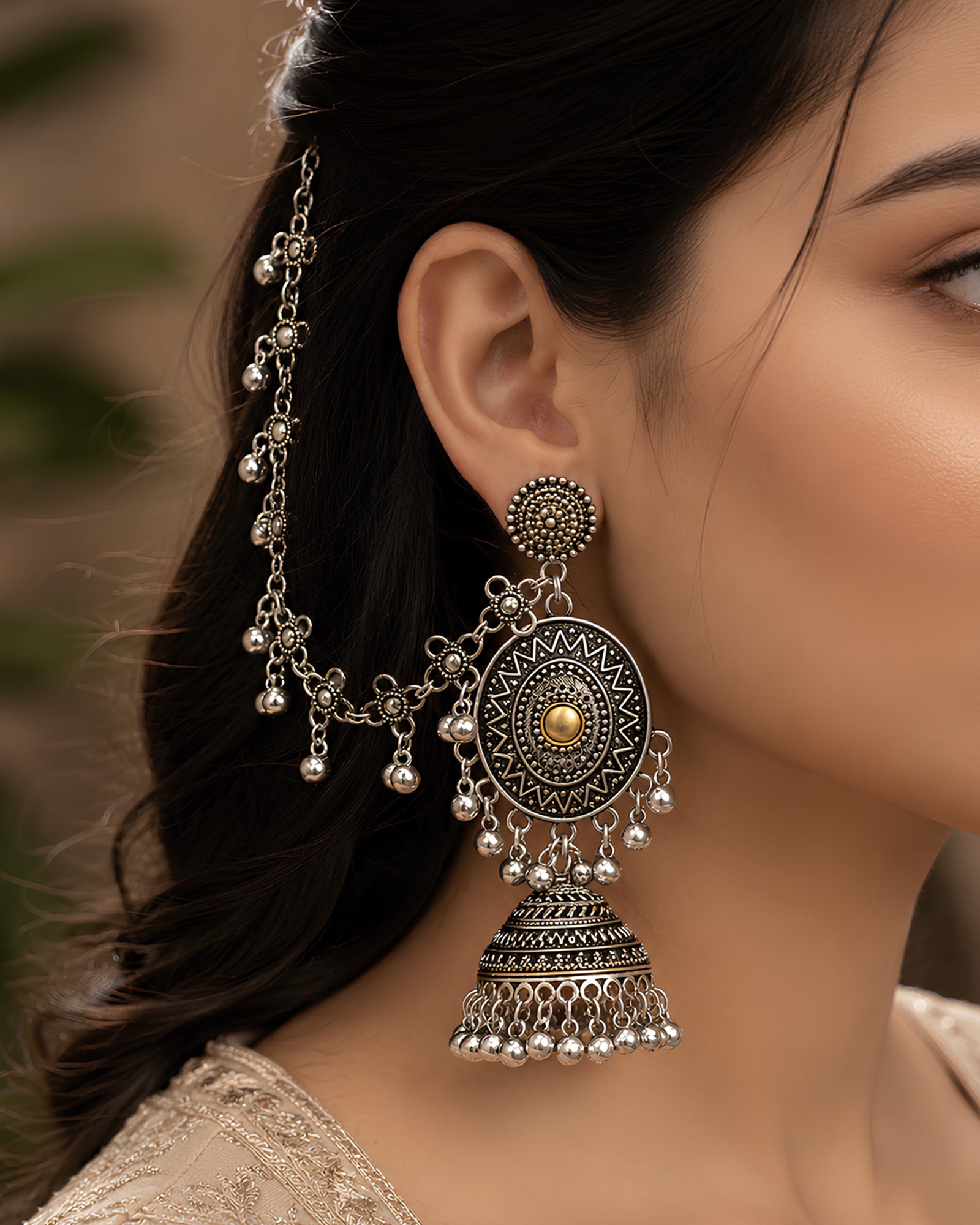 Antique Geometric Mandala Oxidized Jhumkas with Mattar Mala Sahare