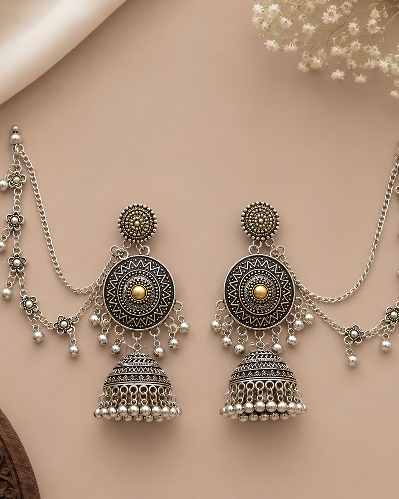 Antique Geometric Mandala Oxidized Jhumkas with Mattar Mala Sahare