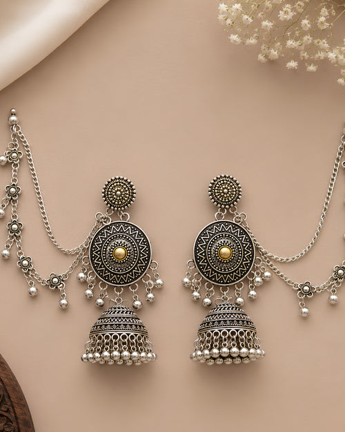 Antique Geometric Mandala Oxidized Jhumkas with Mattar Mala Sahare