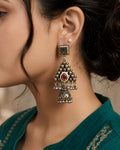 Antique Geometric Ruby-Drop Oxidized Jhumkas
