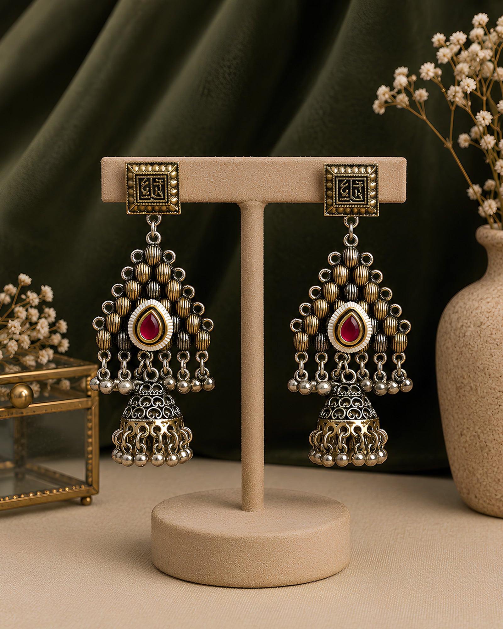 Antique Geometric Ruby-Drop Oxidized Jhumkas