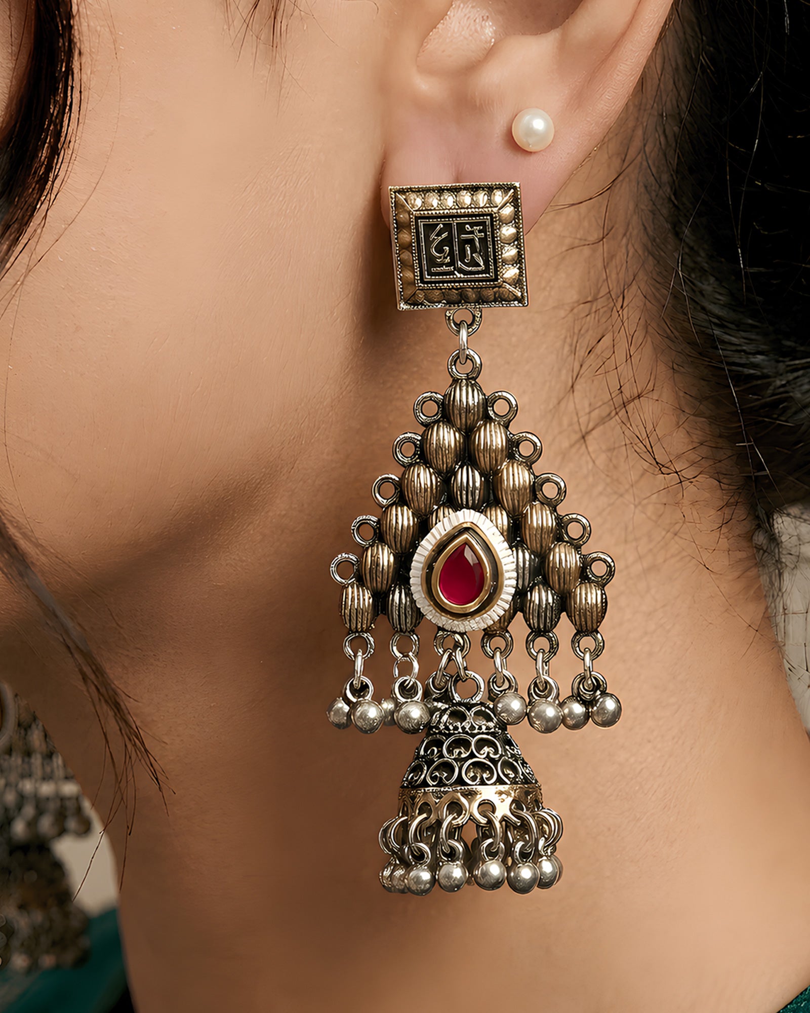 Antique Geometric Ruby-Drop Oxidized Jhumkas