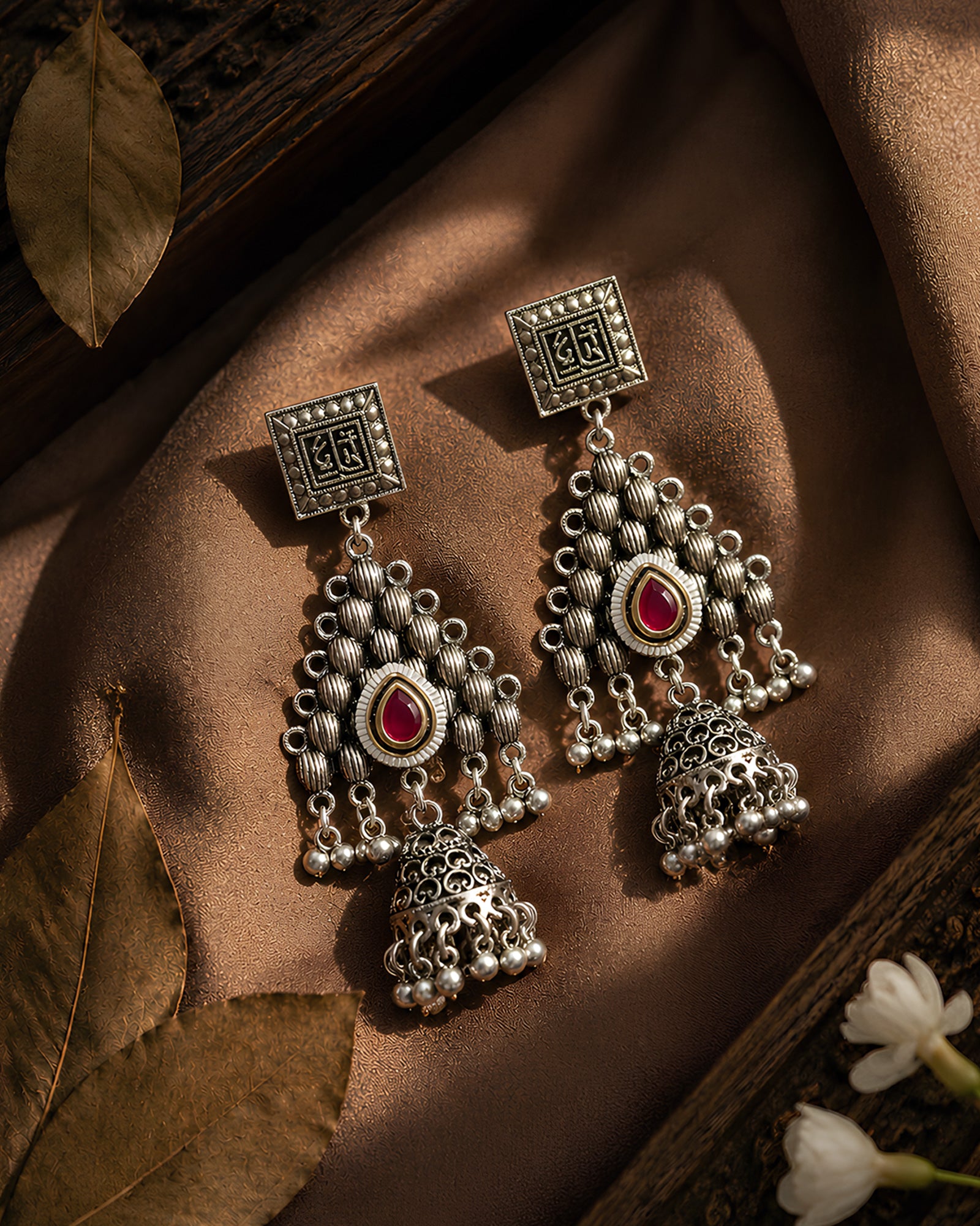 Antique Geometric Ruby-Drop Oxidized Jhumkas