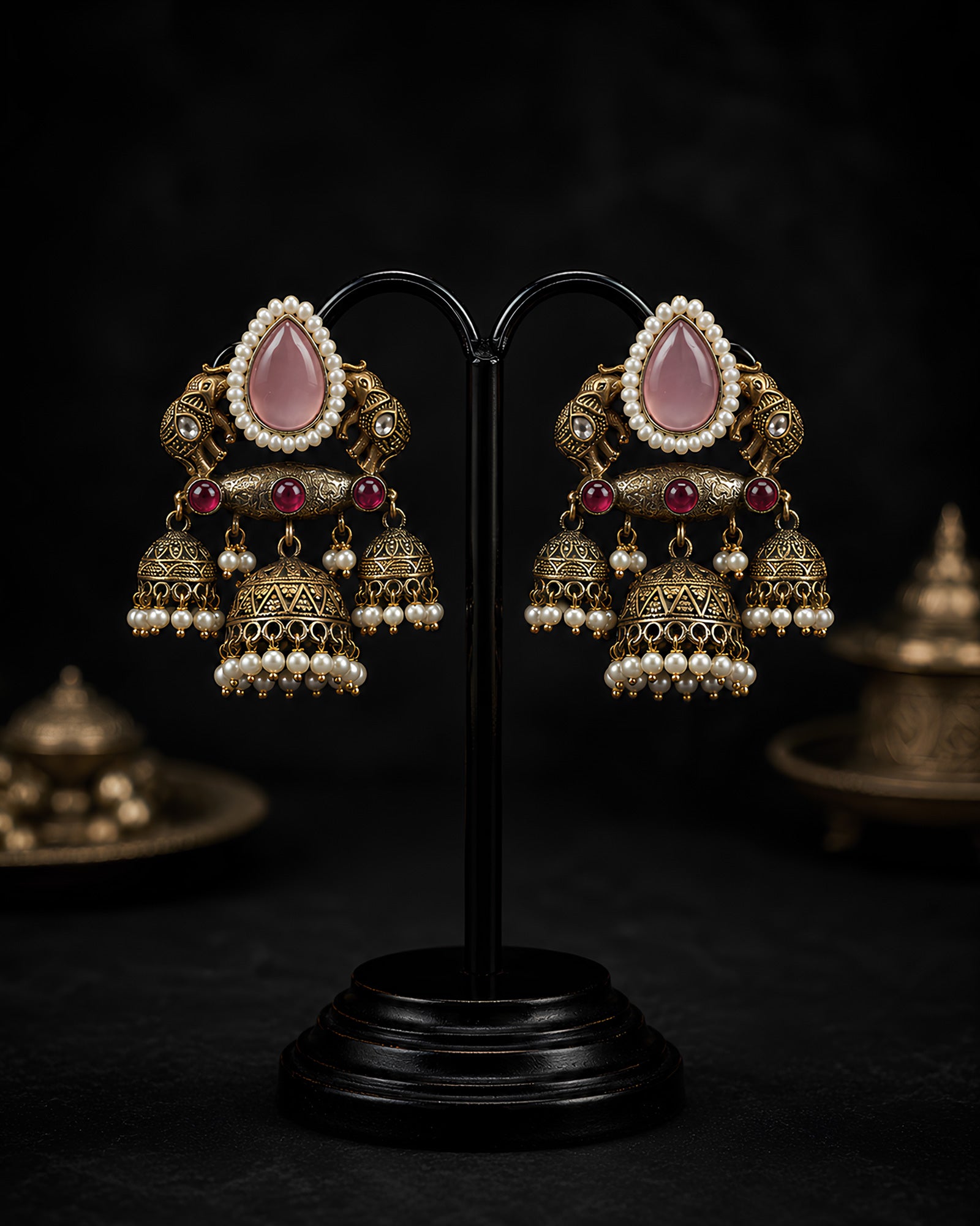 Antique Gold Elephant Motif Triple Jhumka Earrings