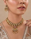 Antique Gold Filigree & Pink Floral Necklace Set