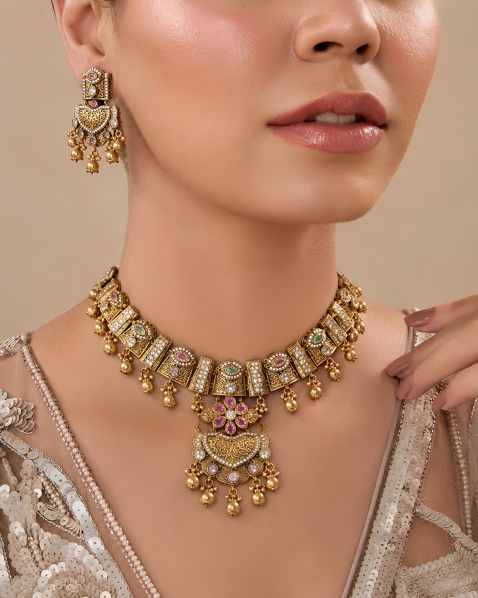 Antique Gold Filigree & Pink Floral Necklace Set