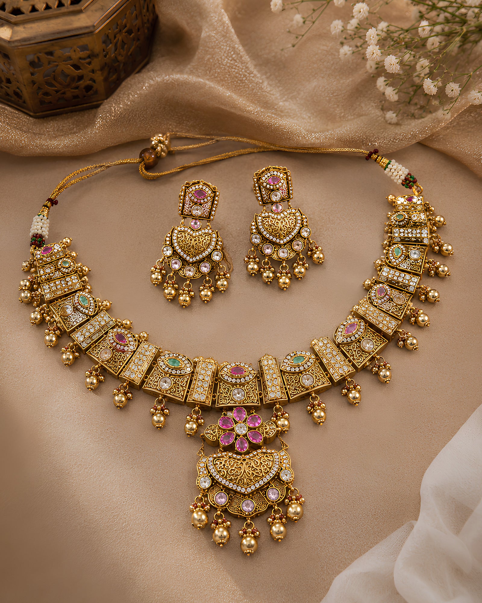 Antique Gold Filigree & Pink Floral Necklace Set