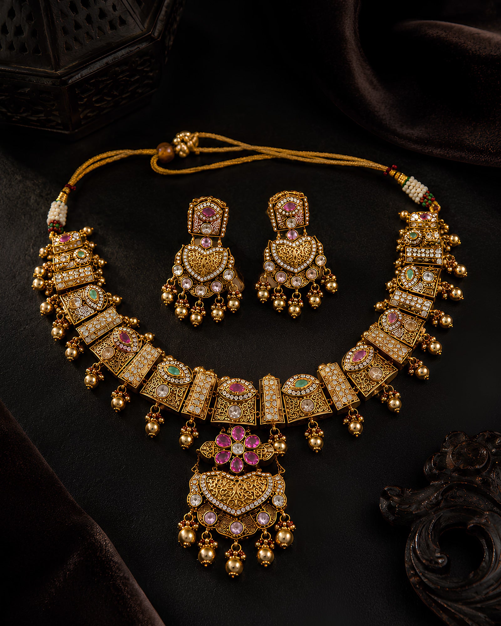 Antique Gold Filigree & Pink Floral Necklace Set