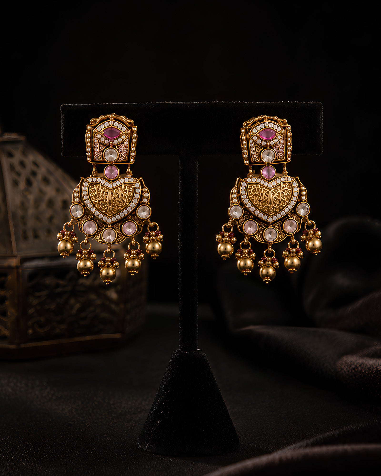 Antique Gold Filigree & Pink Floral Necklace Set