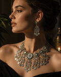 Antique Mirror-Work Sunflower & Coin-Fringed Oxidized Collar Necklace Set