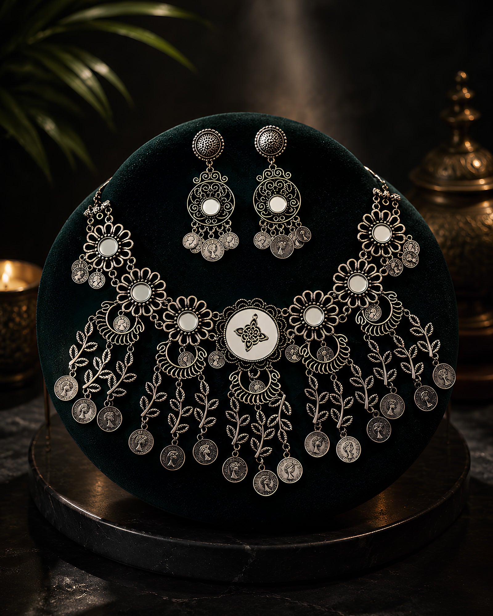 Antique Mirror-Work Sunflower & Coin-Fringed Oxidized Collar Necklace Set