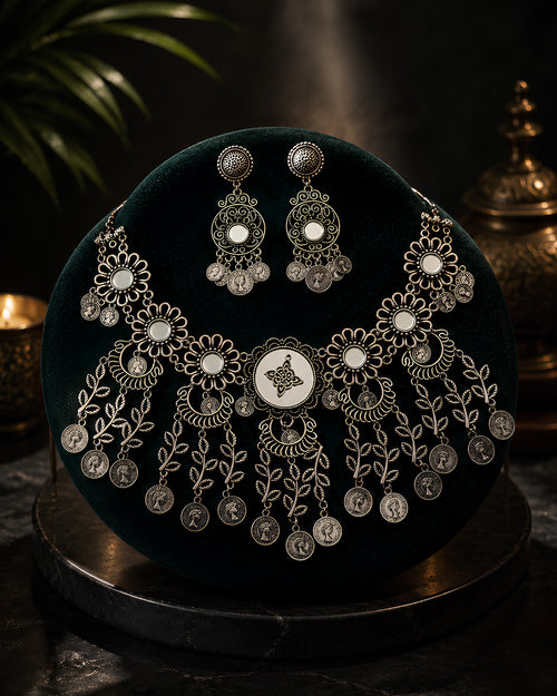 Antique Mirror-Work Sunflower & Coin-Fringed Oxidized Collar Necklace Set
