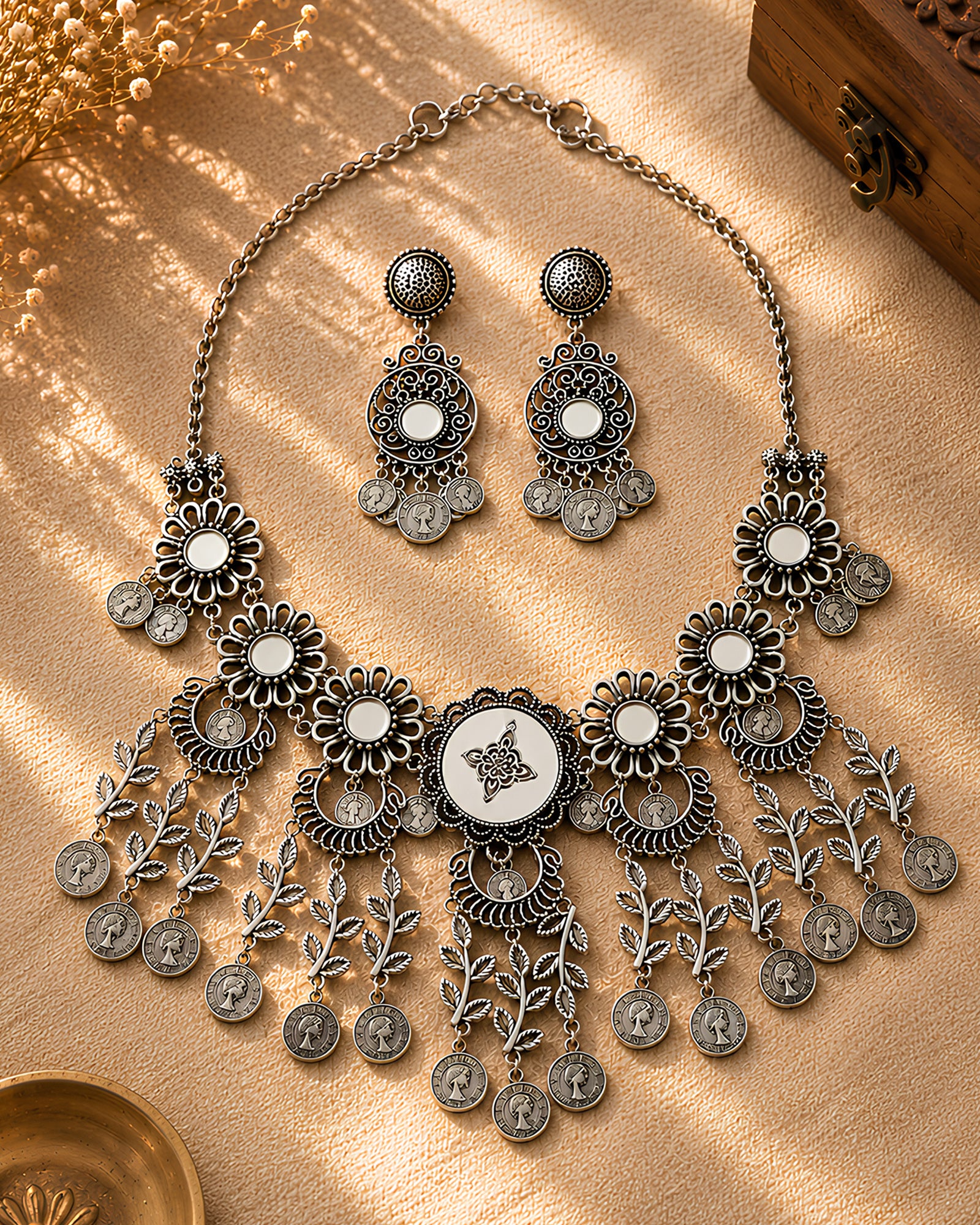 Antique Mirror-Work Sunflower & Coin-Fringed Oxidized Collar Necklace Set