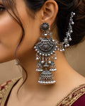 Antique Multi-Layer Tiered Oxidized Jhumkas with Floral Sahare