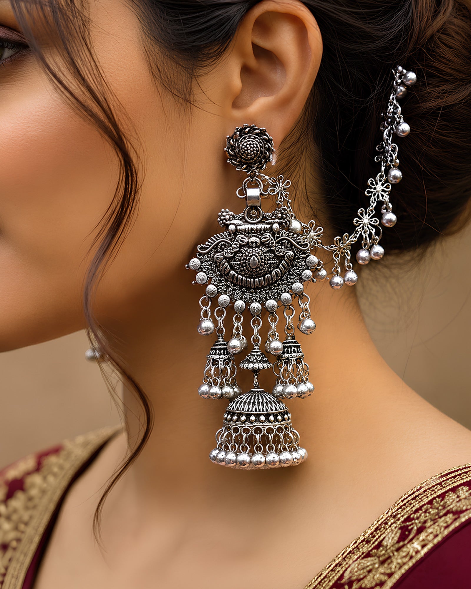 Antique Multi-Layer Tiered Oxidized Jhumkas with Floral Sahare