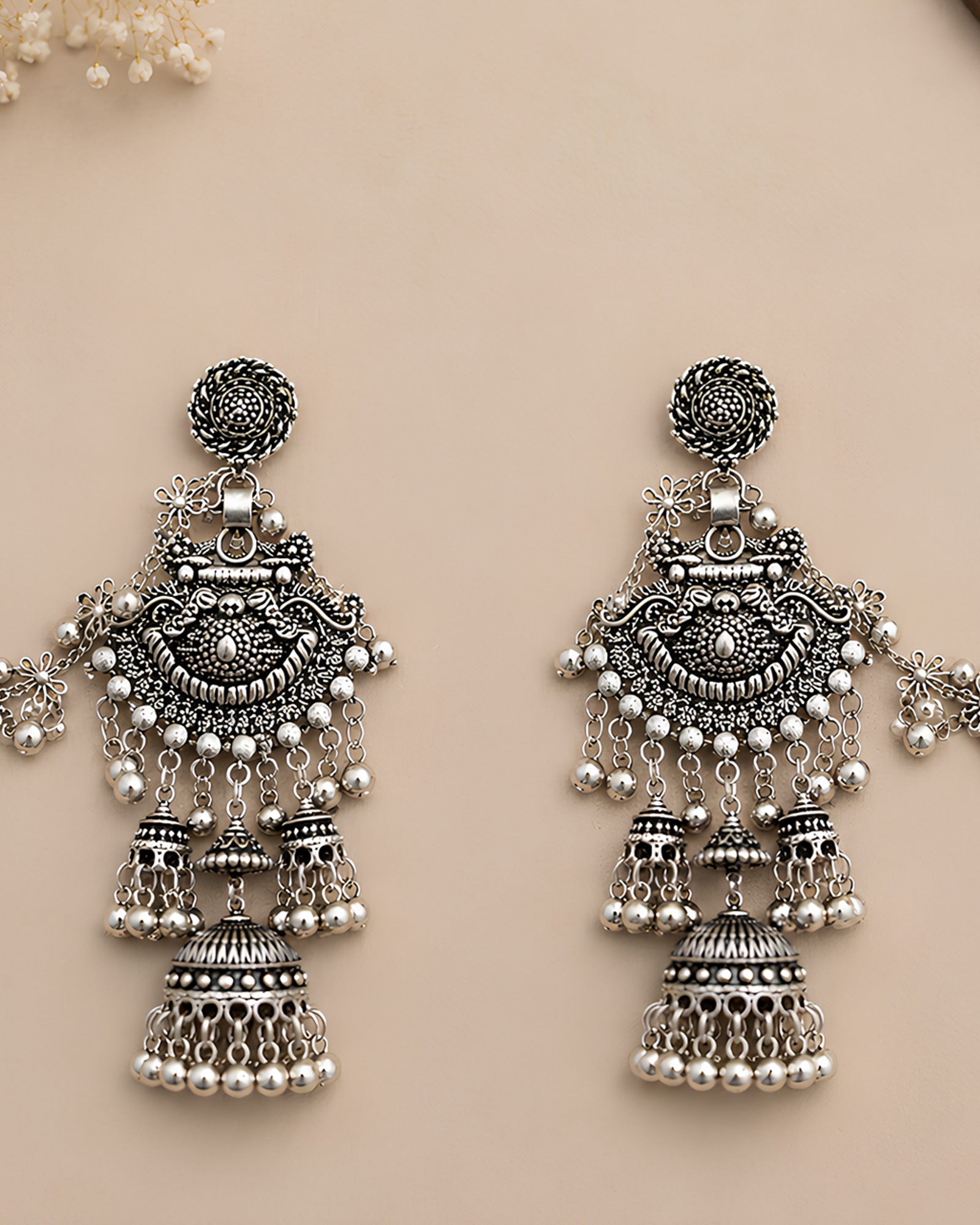 Antique Multi-Layer Tiered Oxidized Jhumkas with Floral Sahare