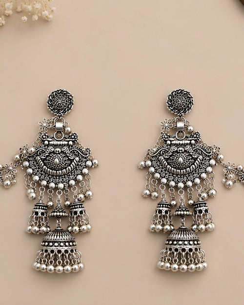 Antique Multi-Layer Tiered Oxidized Jhumkas with Floral Sahare