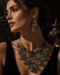 Antique Oxidized Floral Medallion & Tiered Crescent Jhumka Necklace Set