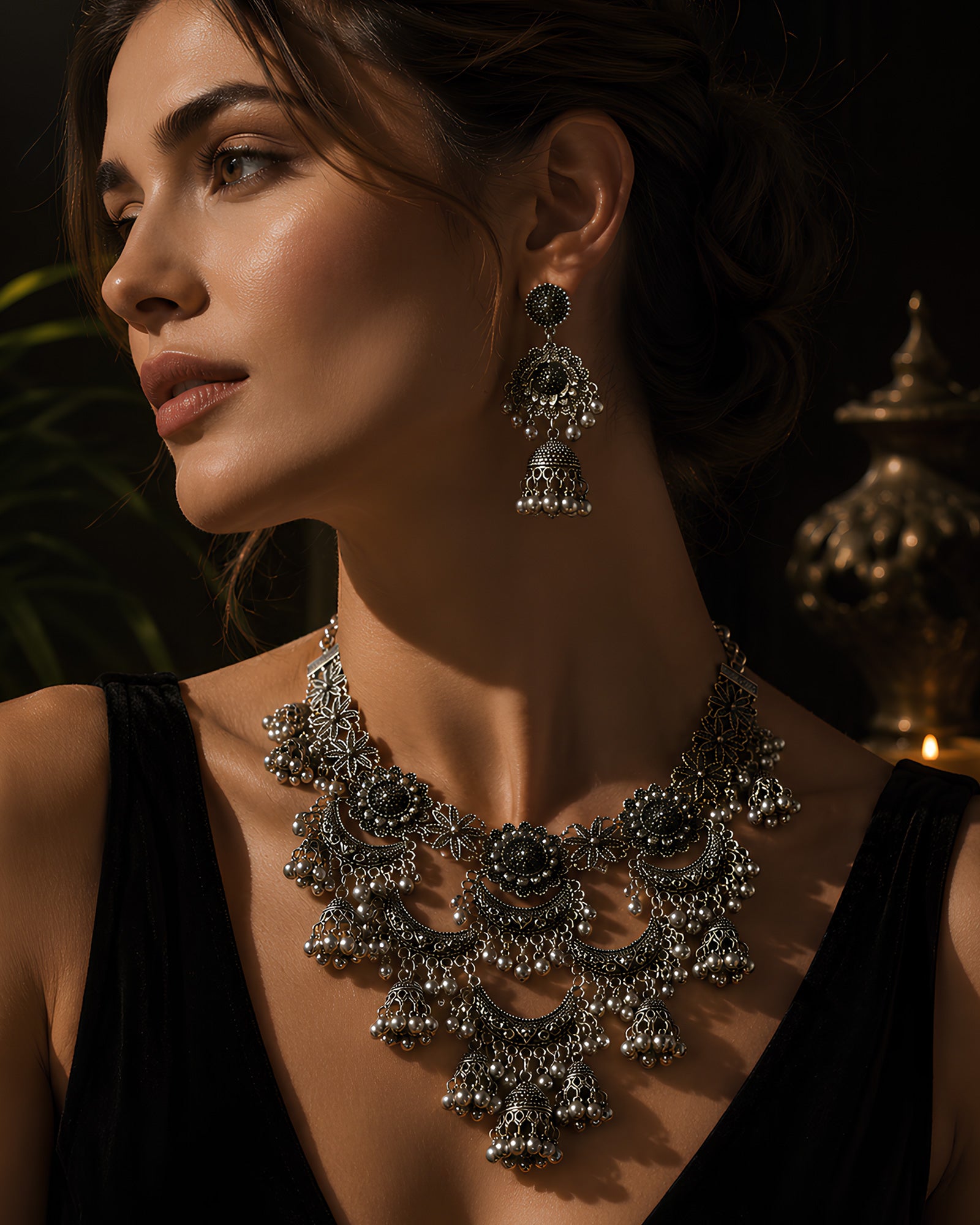 Antique Oxidized Floral Medallion & Tiered Crescent Jhumka Necklace Set