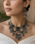 Antique Oxidized Floral Medallion & Tiered Crescent Jhumka Necklace Set