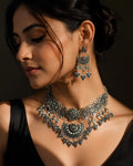 Antique Oxidized Geometric Floral & Triangle-Fringed Collar Necklace Set