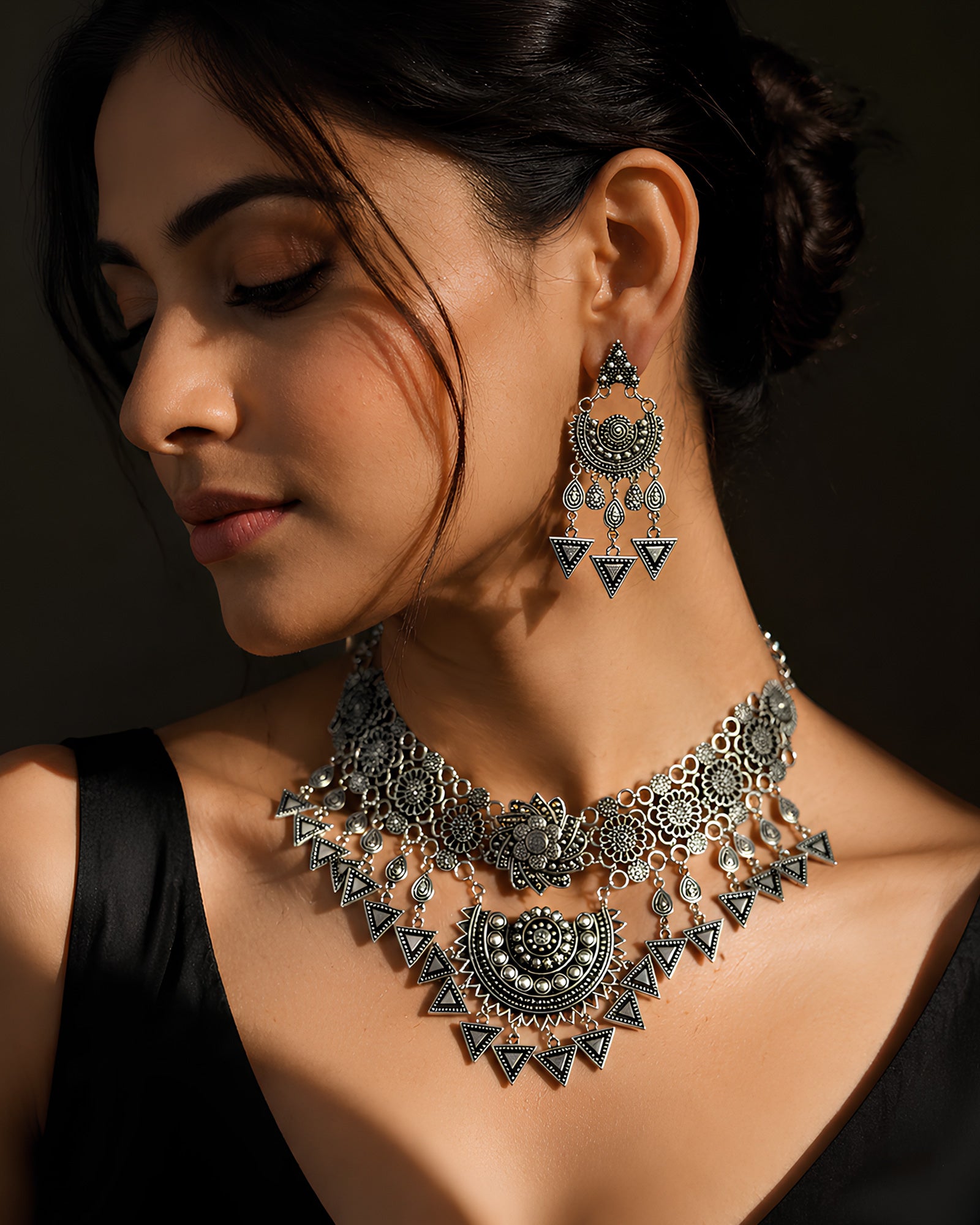 Antique Oxidized Geometric Floral & Triangle-Fringed Collar Necklace Set