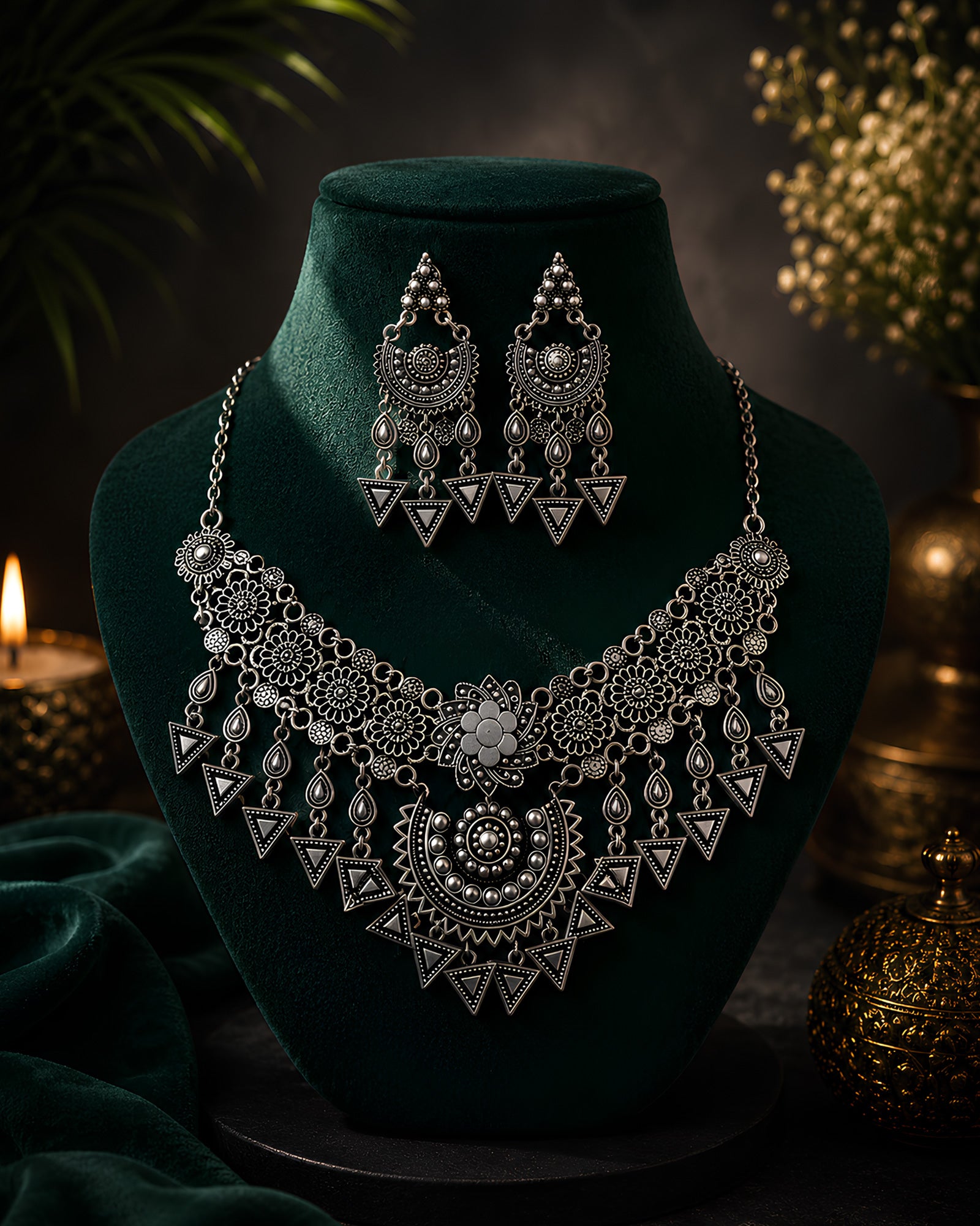 Antique Oxidized Geometric Floral & Triangle-Fringed Collar Necklace Set