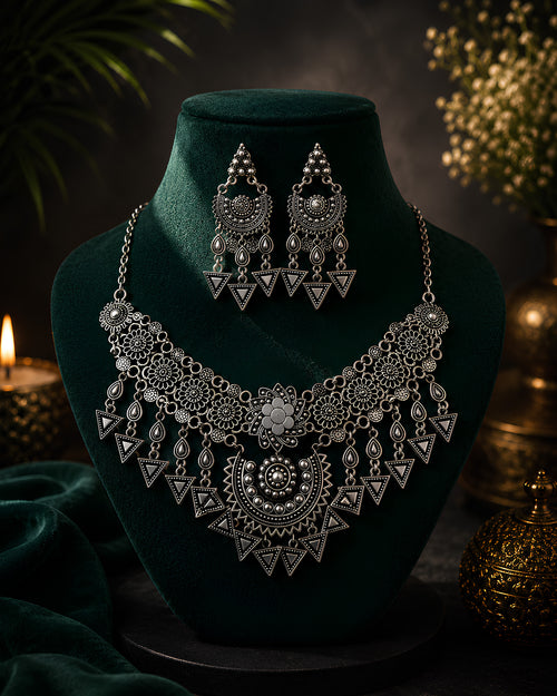 Antique Oxidized Geometric Floral & Triangle-Fringed Collar Necklace Set