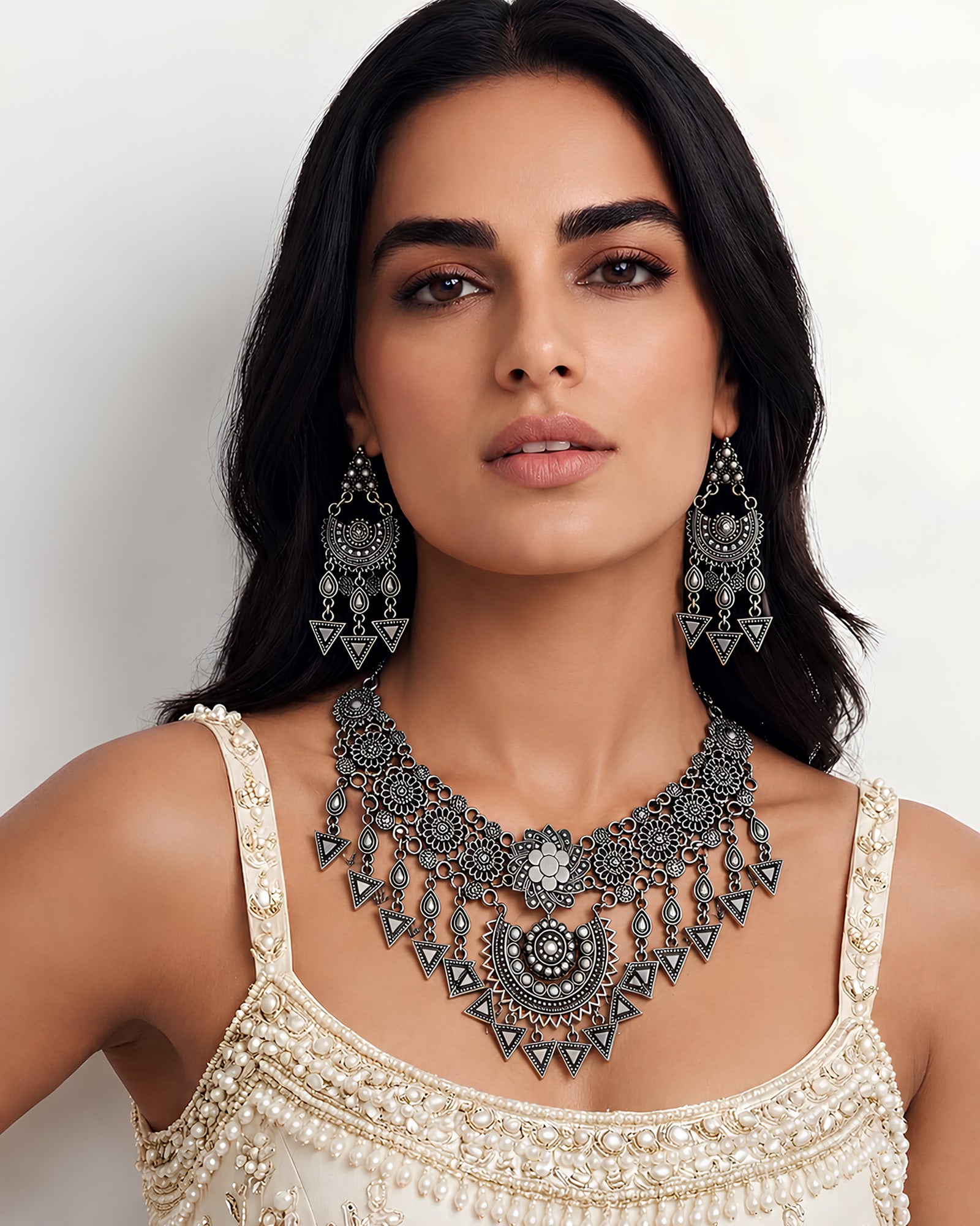 Antique Oxidized Geometric Floral & Triangle-Fringed Collar Necklace Set
