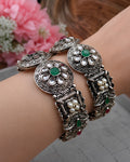 Antique Oxidized Kundan Flower Medallion & Pearl-Inlaid Paneled Link Kadas