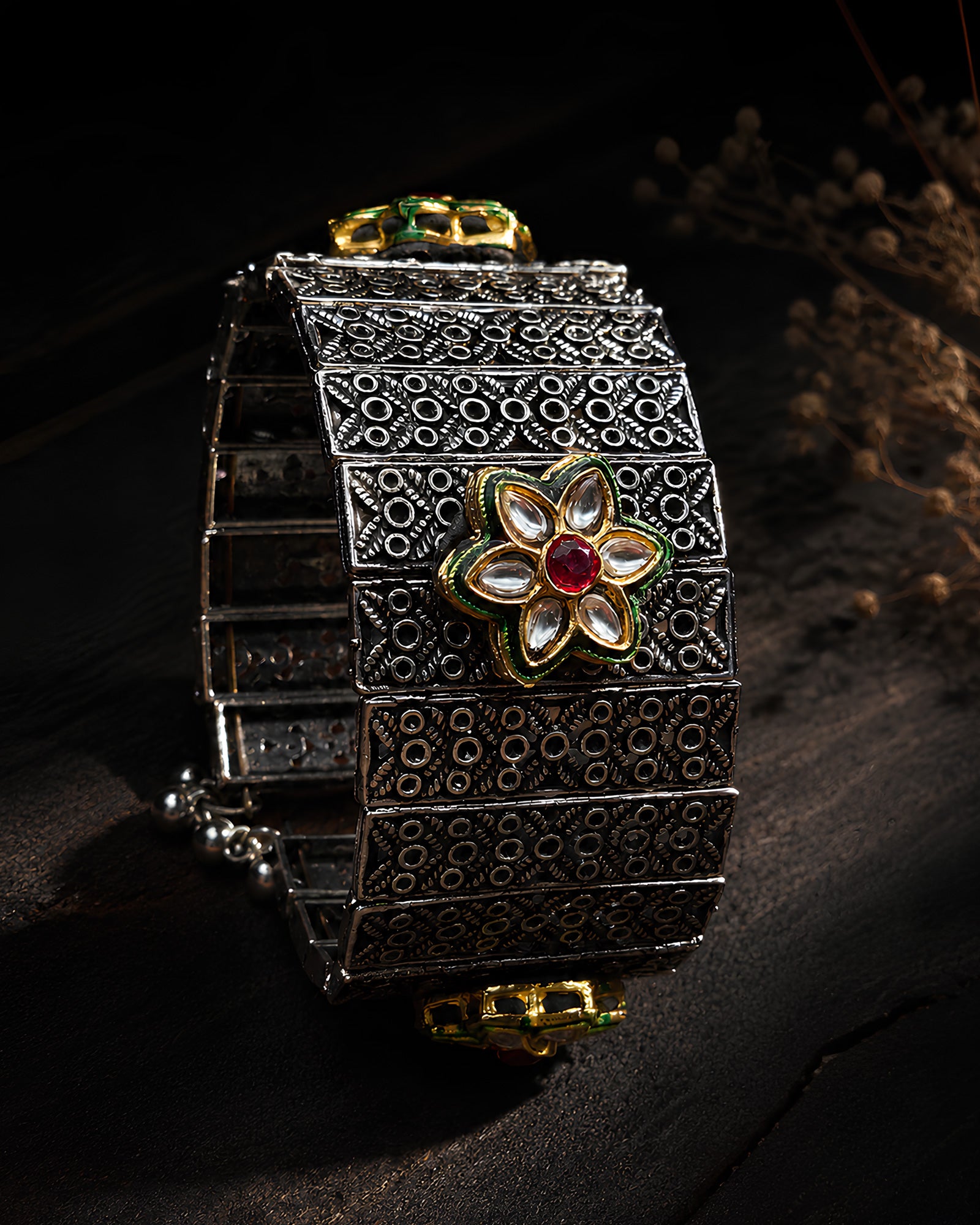 Antique Oxidized Kundan Flower Wide Paneled Kada