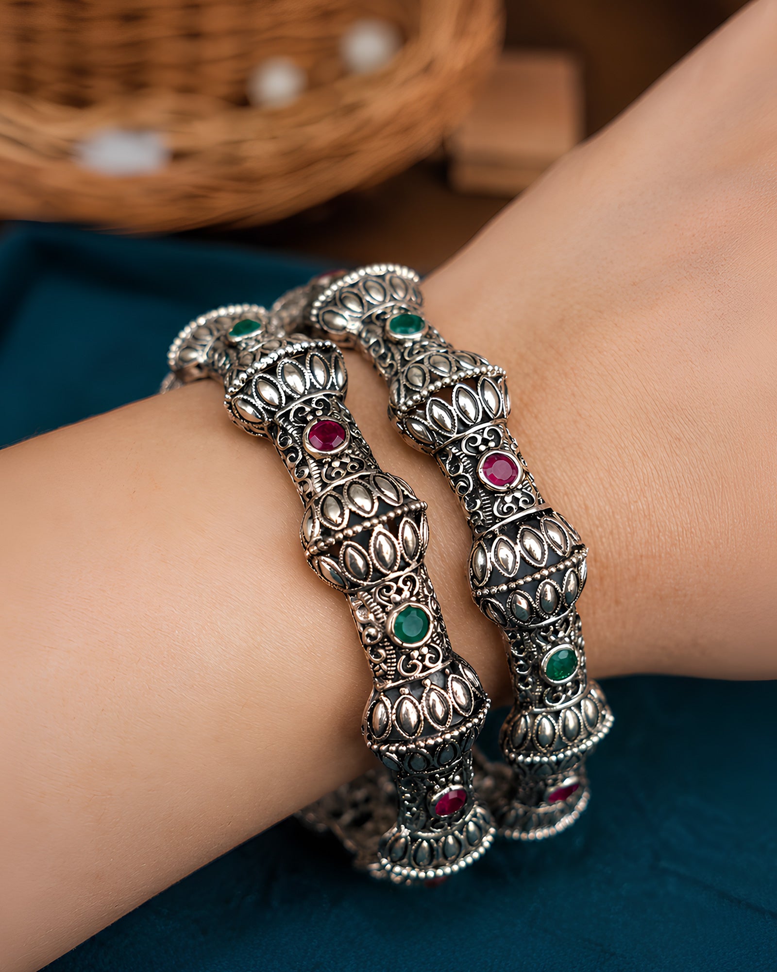 Antique Oxidized Multi-Stone Segmented Fluted Bangles