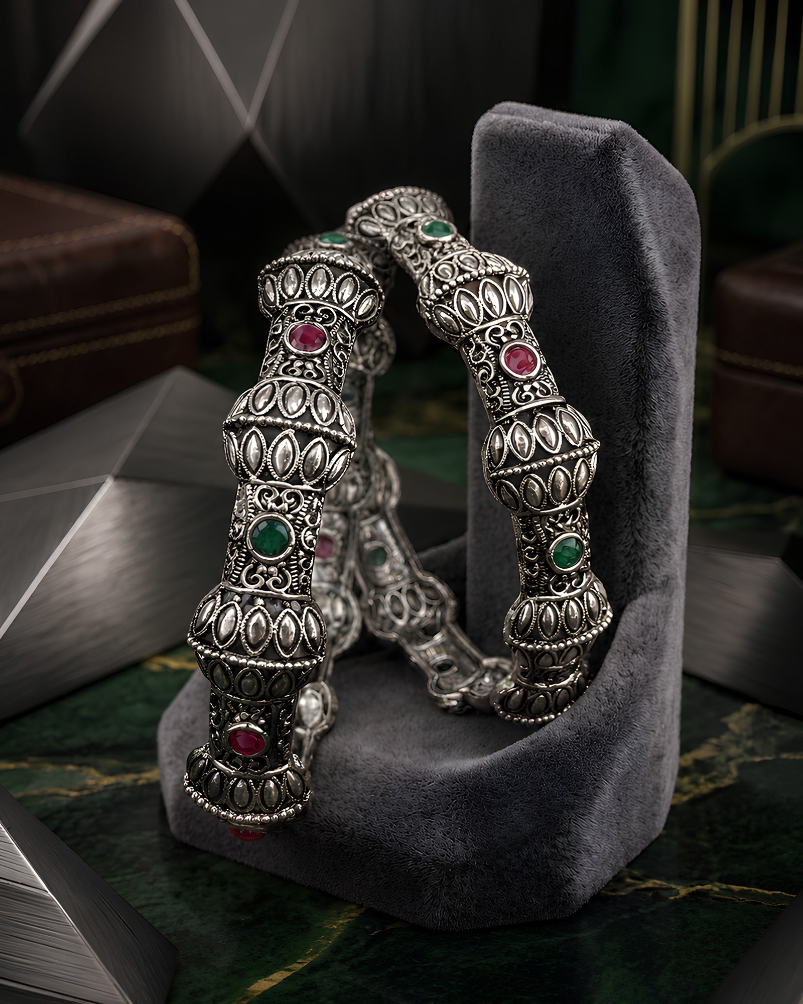 Antique Oxidized Multi-Stone Segmented Fluted Bangles