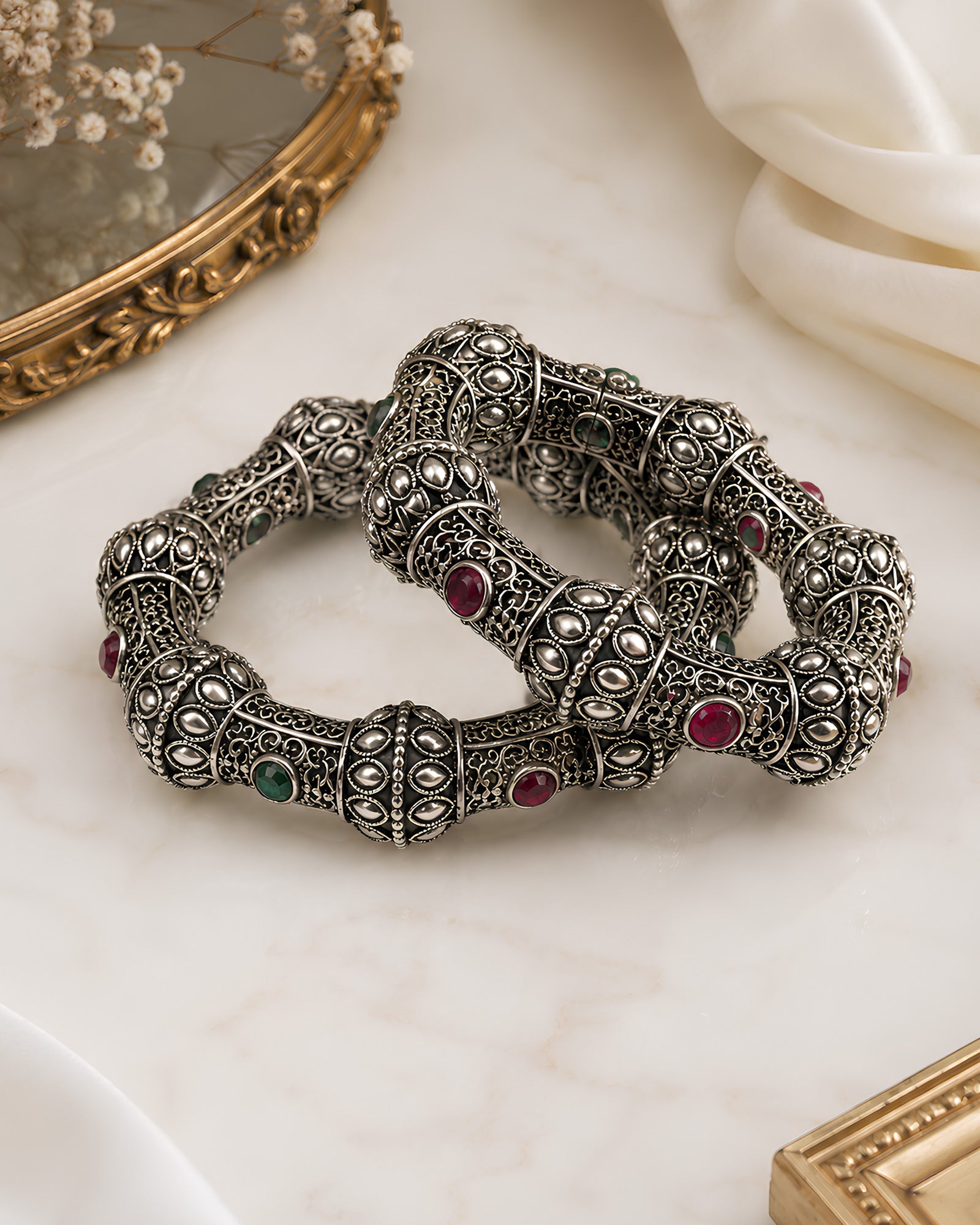 Antique Oxidized Multi-Stone Segmented Fluted Bangles
