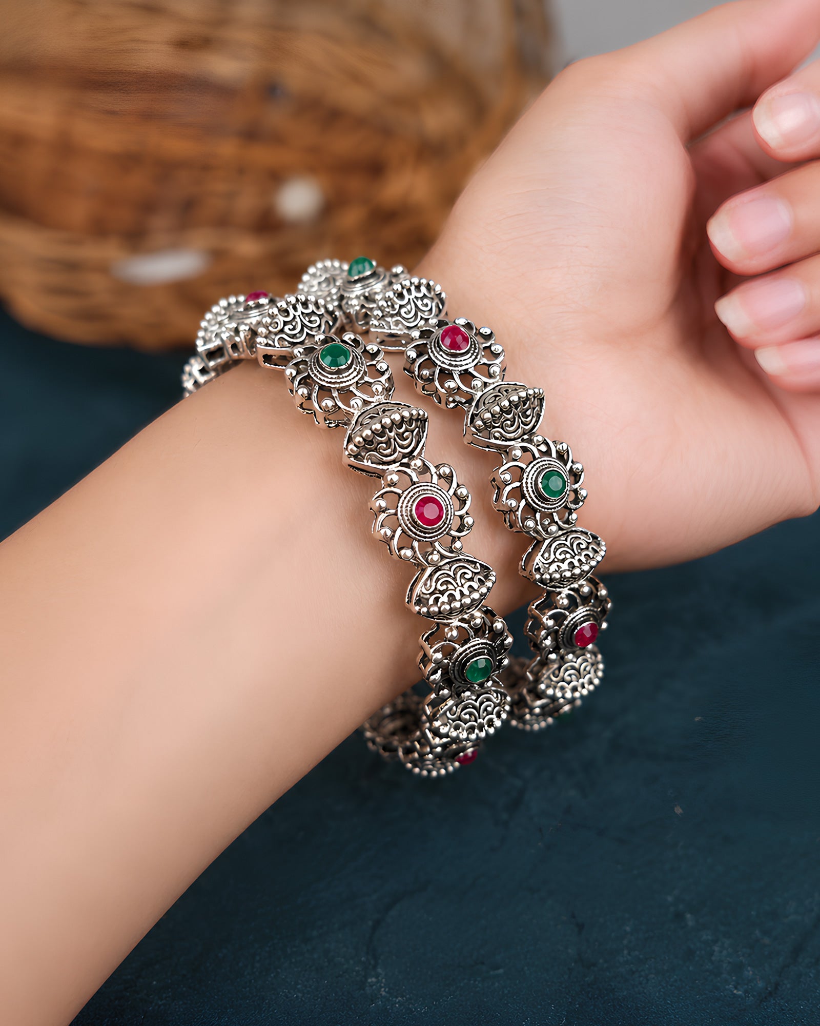 Antique Oxidized Multi-Stone Segmented Sunburst & Shield Bangles
