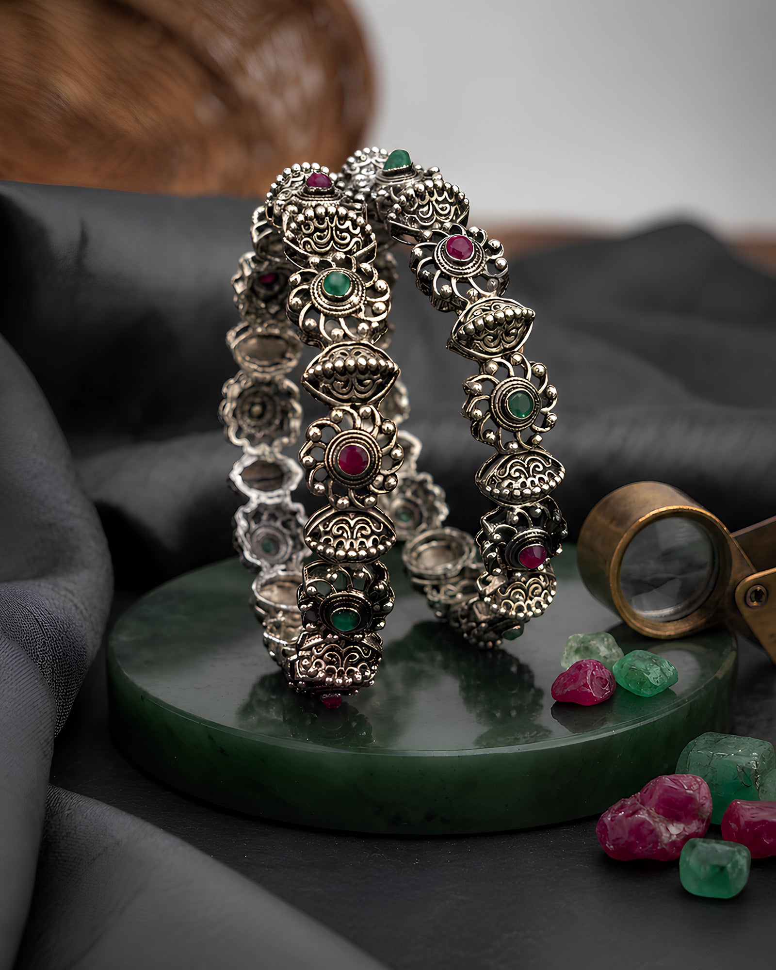 Antique Oxidized Multi-Stone Segmented Sunburst & Shield Bangles