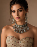 Antique Oxidized Spiral Medallion & Cascading Jhumka Choker Set