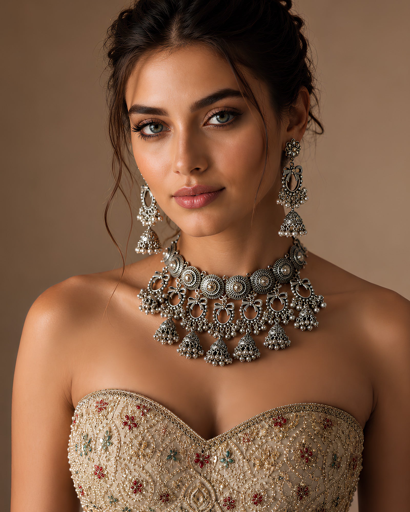 Antique Oxidized Spiral Medallion & Cascading Jhumka Choker Set