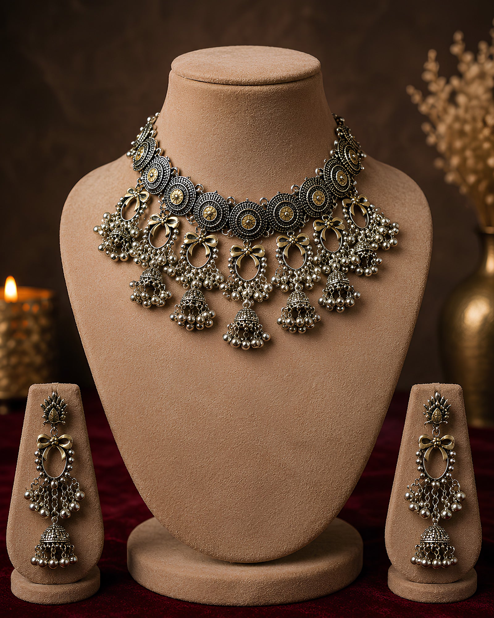 Antique Oxidized Spiral Medallion & Cascading Jhumka Choker Set