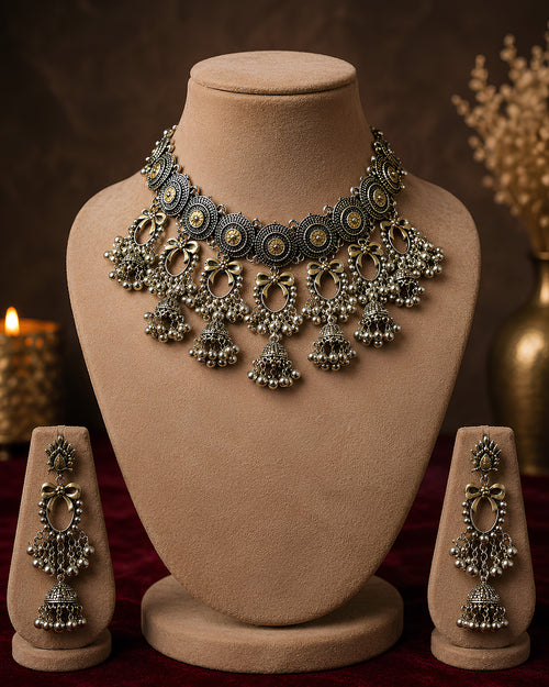 Antique Oxidized Spiral Medallion & Cascading Jhumka Choker Set