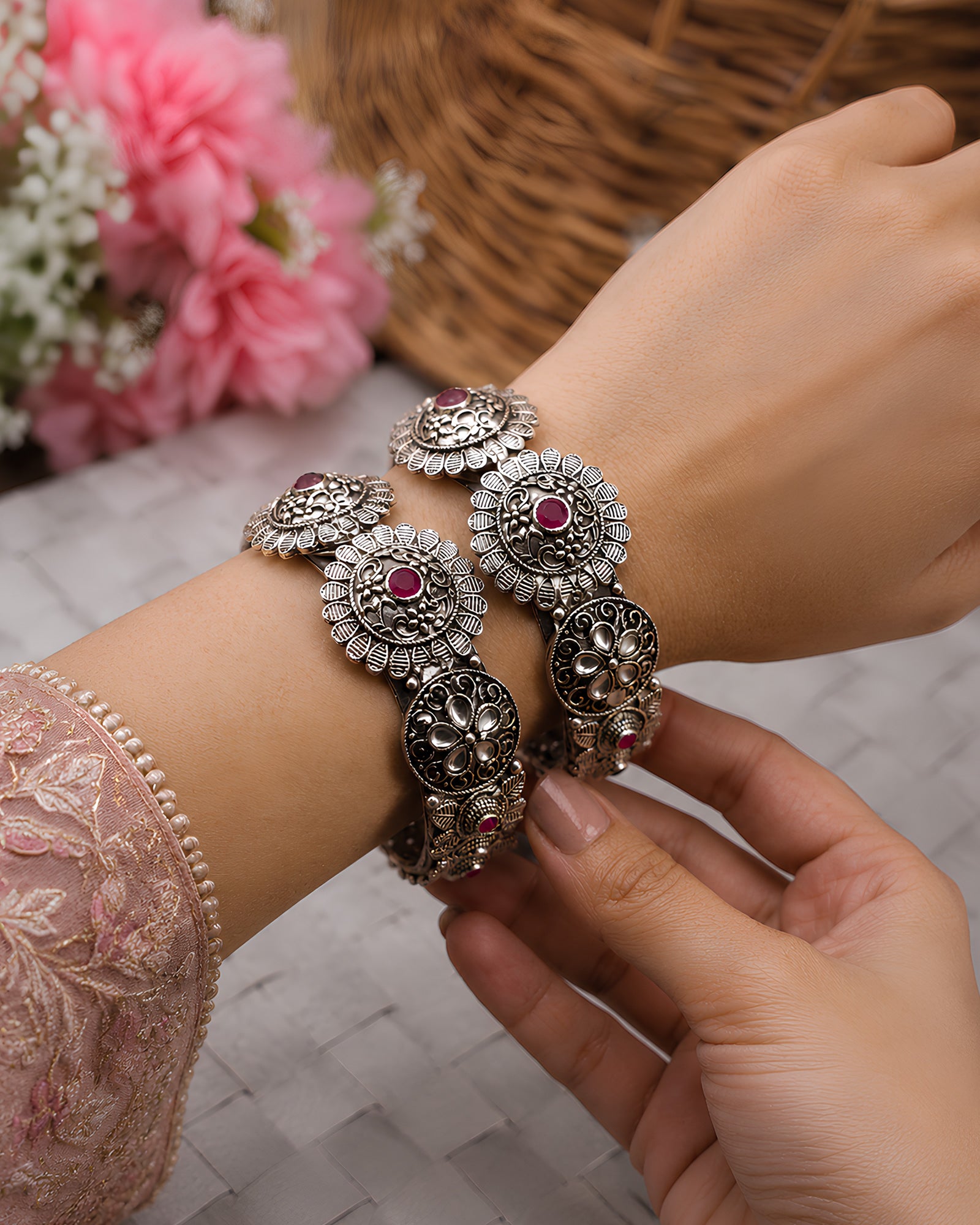Antique Oxidized Sunburst Motif & Floral Paneled Link Kadas
