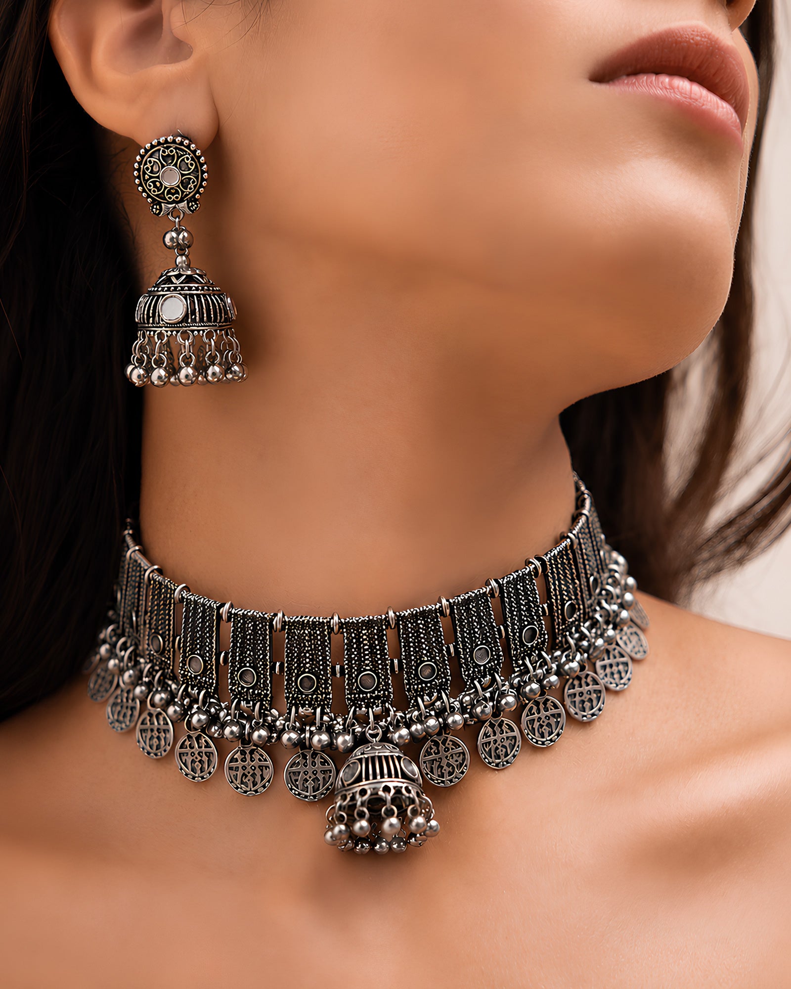 Antique Oxidized Vertical-Ribbed Paneled & Coin-Fringed Jhumka Choker Set